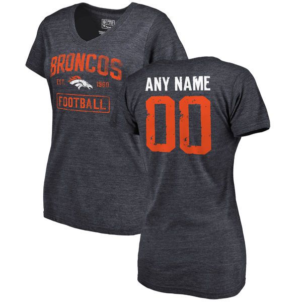 Women Navy Denver Broncos Distressed Custom Name and Number Tri-Blend V-Neck NFL T-Shirt->->Sports Accessory